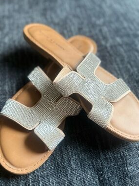Rock & Candy Tan Slide Sandals with Silver Crystal Straps